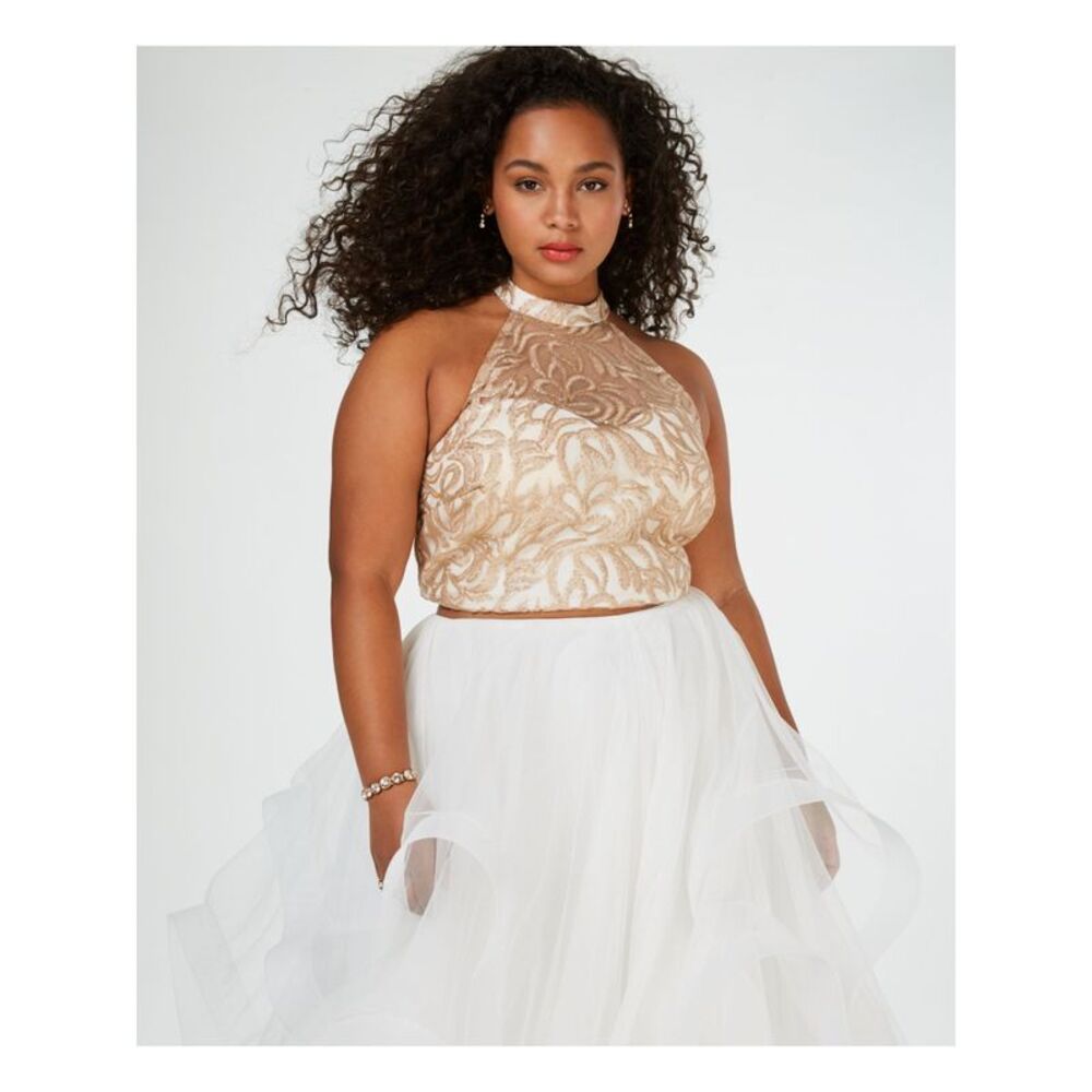 NWT SAY YES TO THE PROM Womens Beige Sleeveless Prom Crop Top Plus 14W
